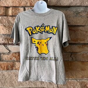 Vintage 1999 Pokemon Pikachu Catch Em All Grey Baseball T Shirt Youth Large